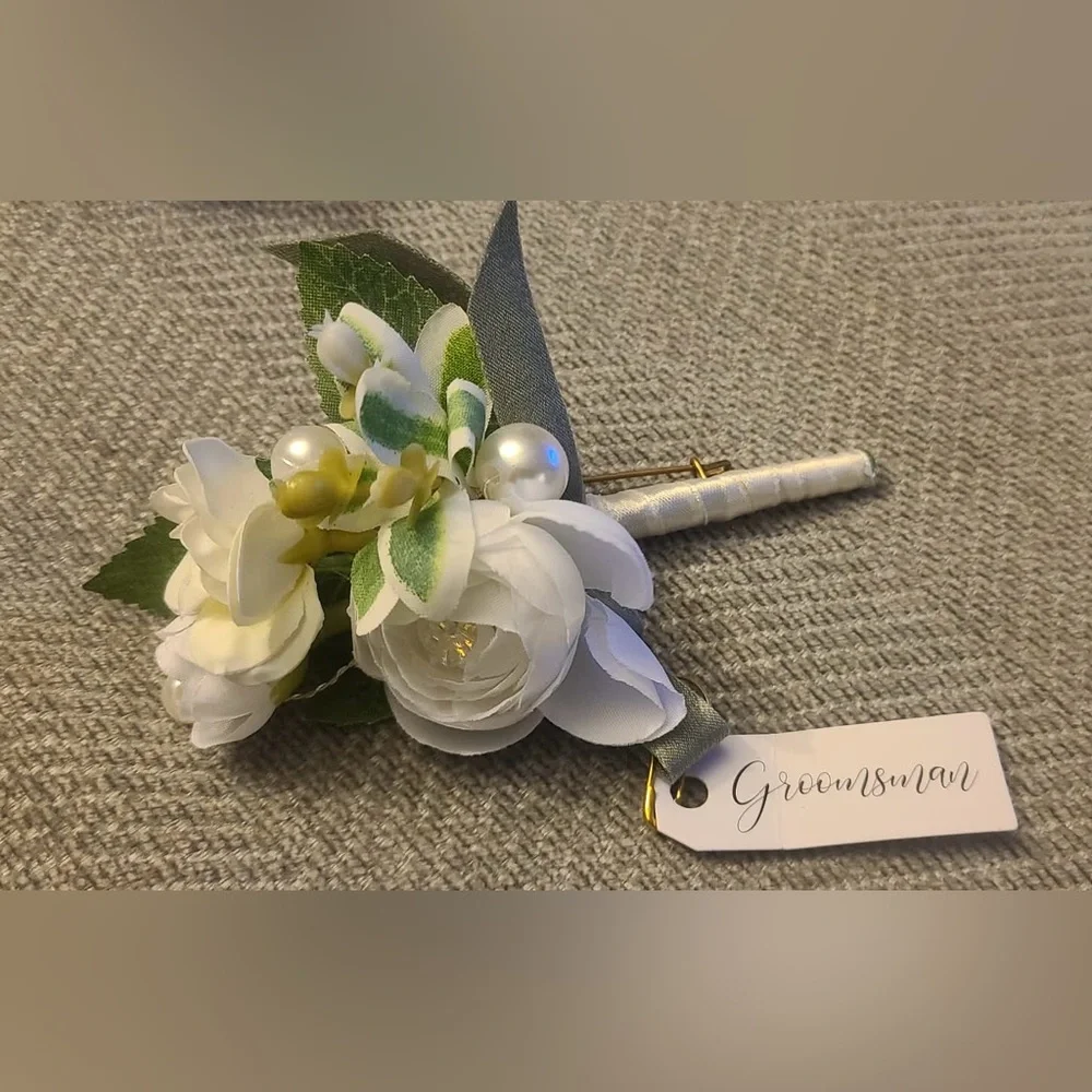Elegant White Faux Floral Boutonniere Set of 5 (4 groomsmen and one groom)